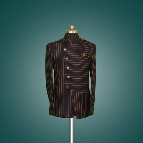 Front View Of Navy Blue Jodhpuri With Brown Stripes