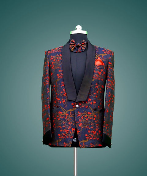 Front View Of Navy Blue Tuxedo Suit with Red Designs